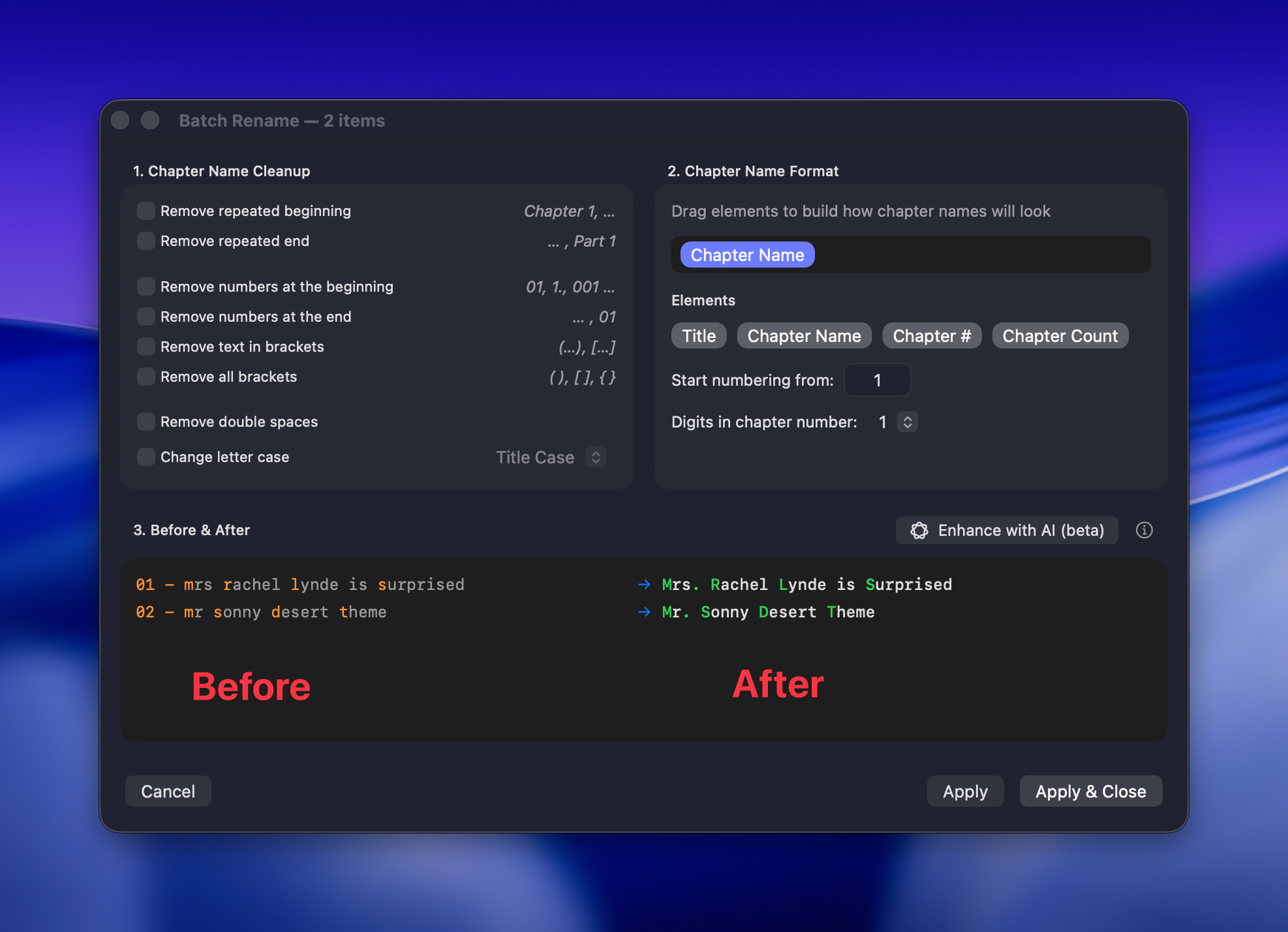 Side-by-side Before and After in the Batch Rename window