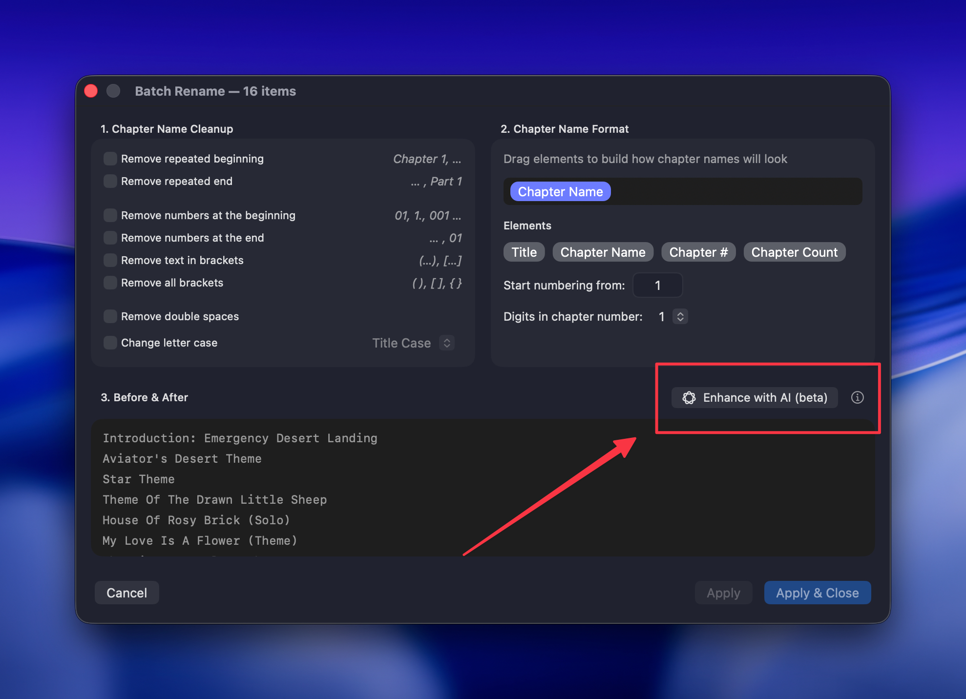 Batch Rename window with the Enhance with AI button highlighted