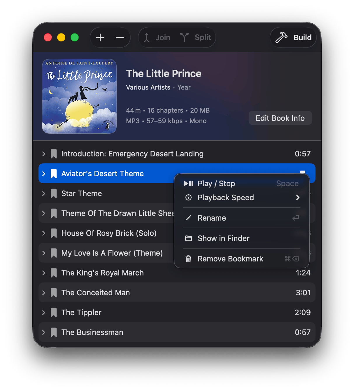 AudioBo audiobook converter interface showing chapter management and metadata editing
