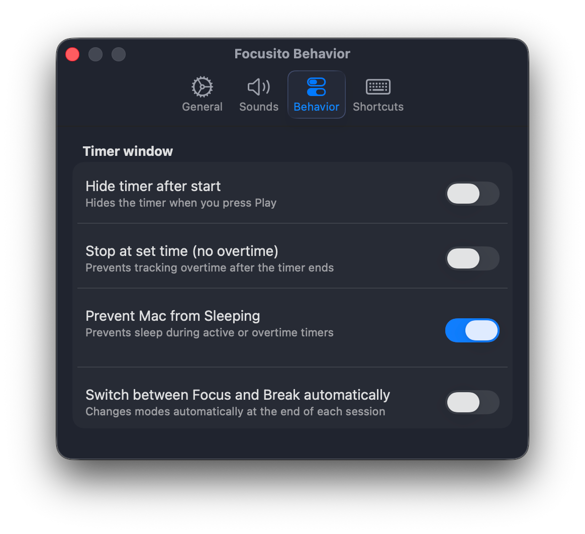 Focusito advanced preferences