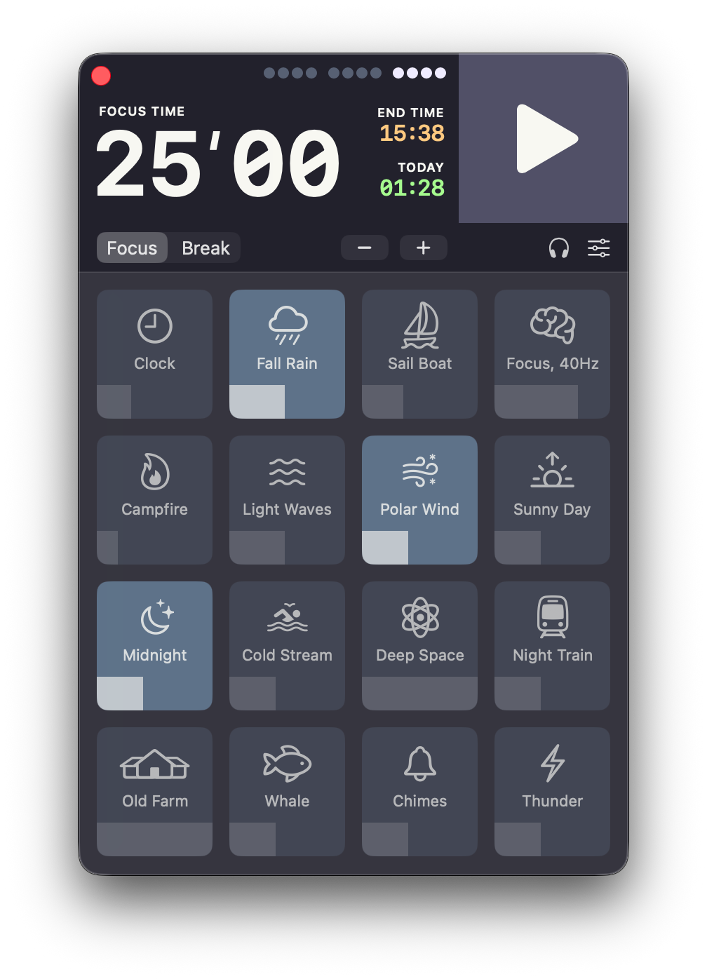 Focusito Pomodoro timer interface showing focus session and break controls