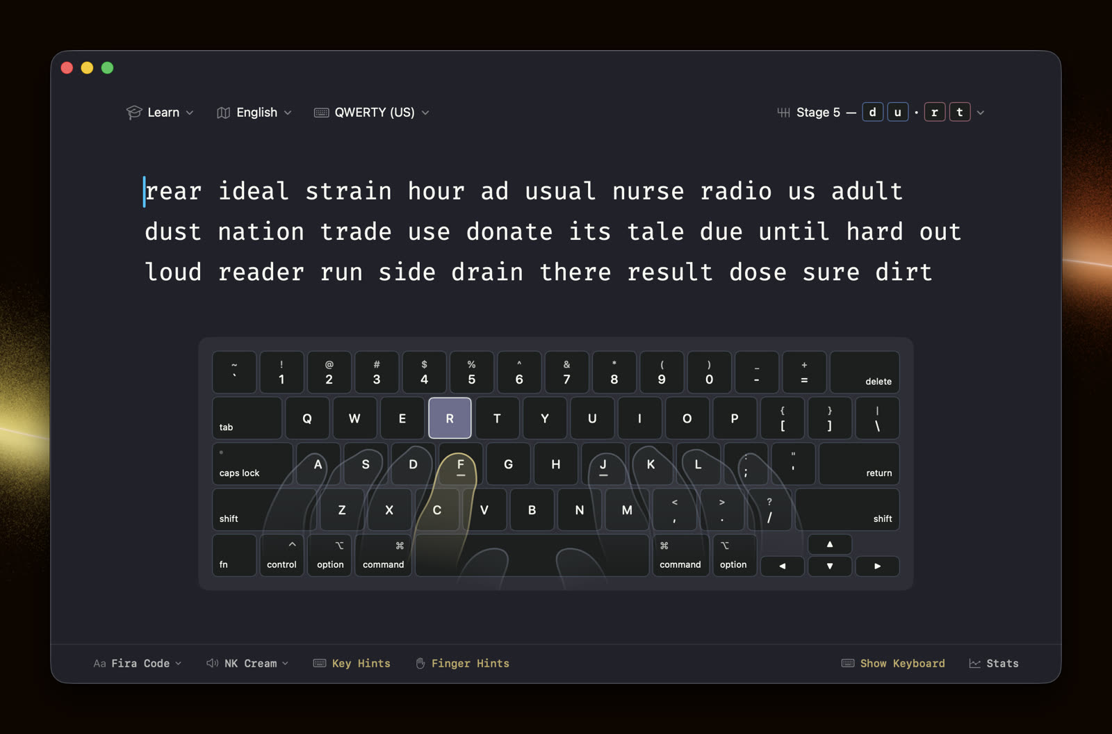 A Learn stage with the on-screen keyboard and finger hints