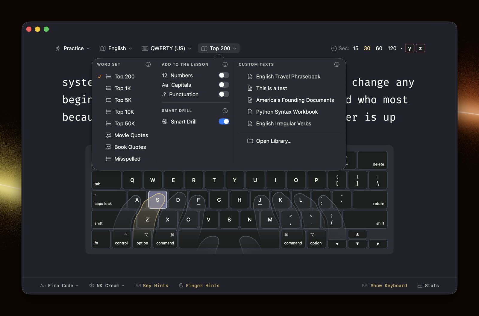The Practice picker: word sets, add-to-lesson toggles, Smart Drill, and custom texts