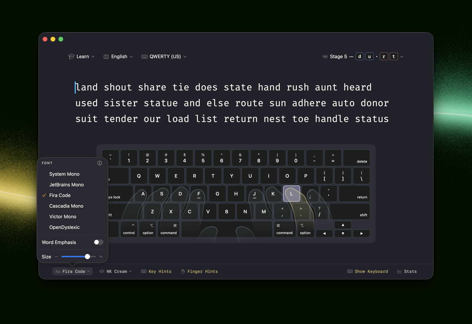 The font menu: five monospace fonts, Word Emphasis, and a size slider
