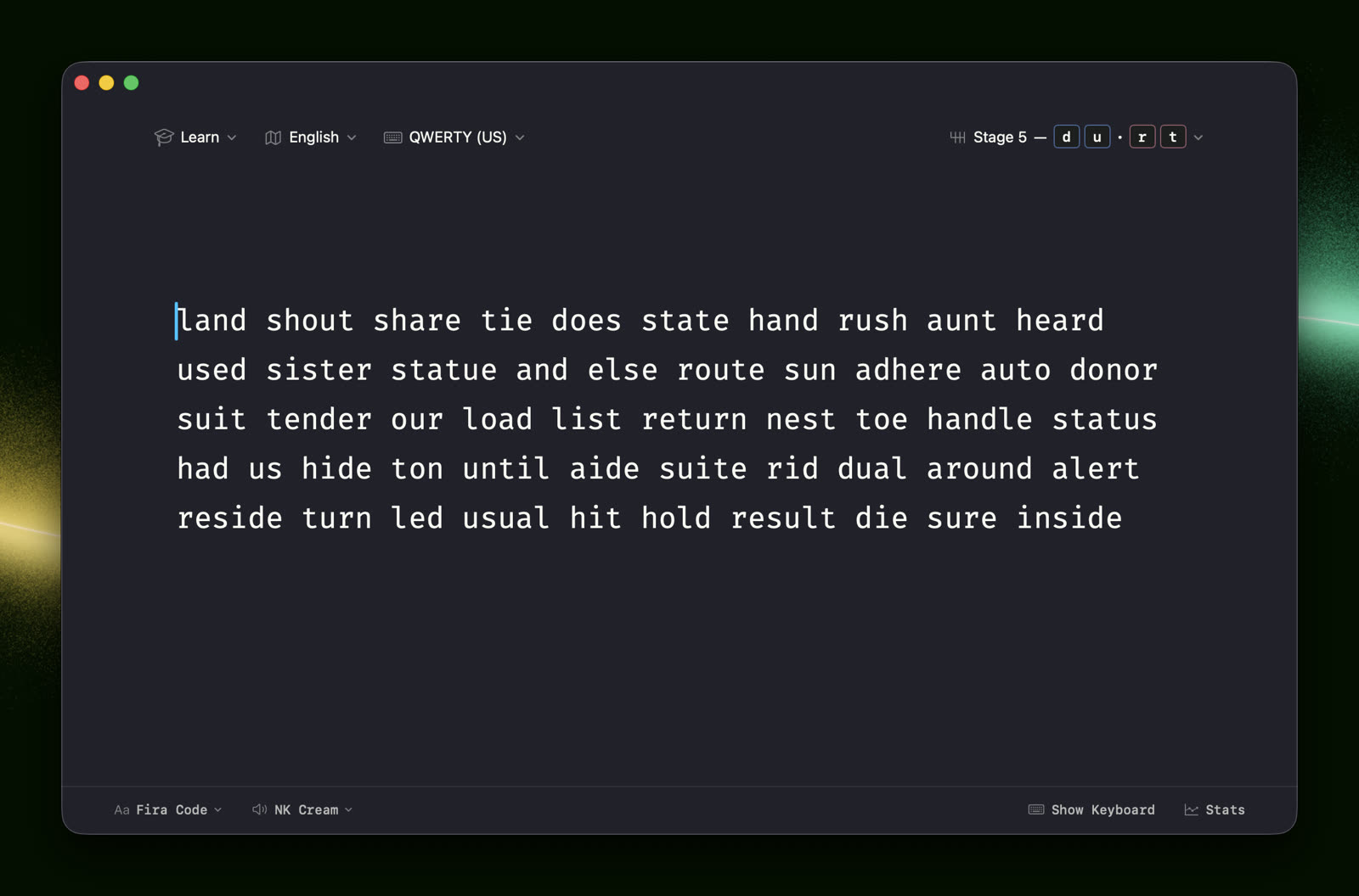 A session with the on-screen keyboard hidden — only the text