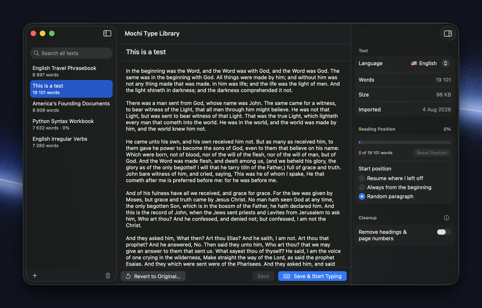 The Mochi Type Library window with searchable texts and reading positions